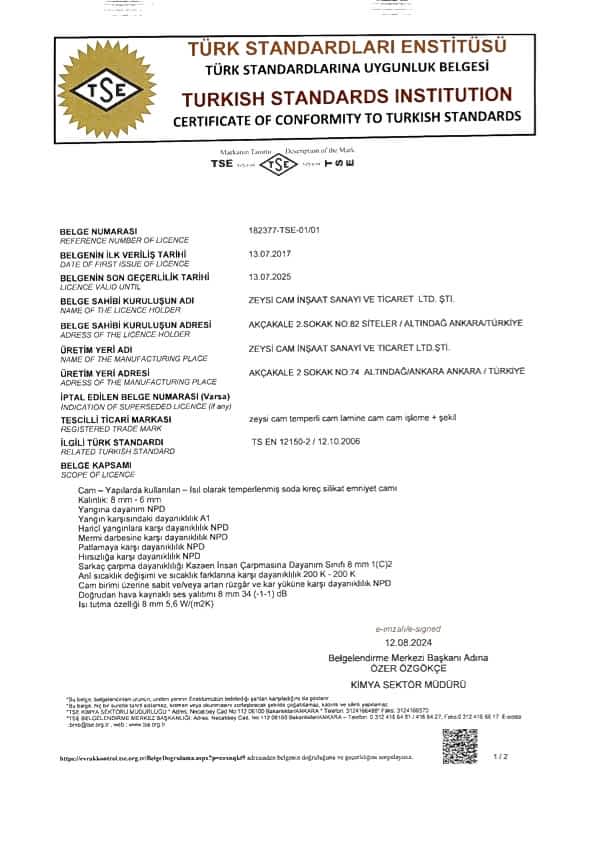 Temperli Cam TSE Uygunluk Belgesi